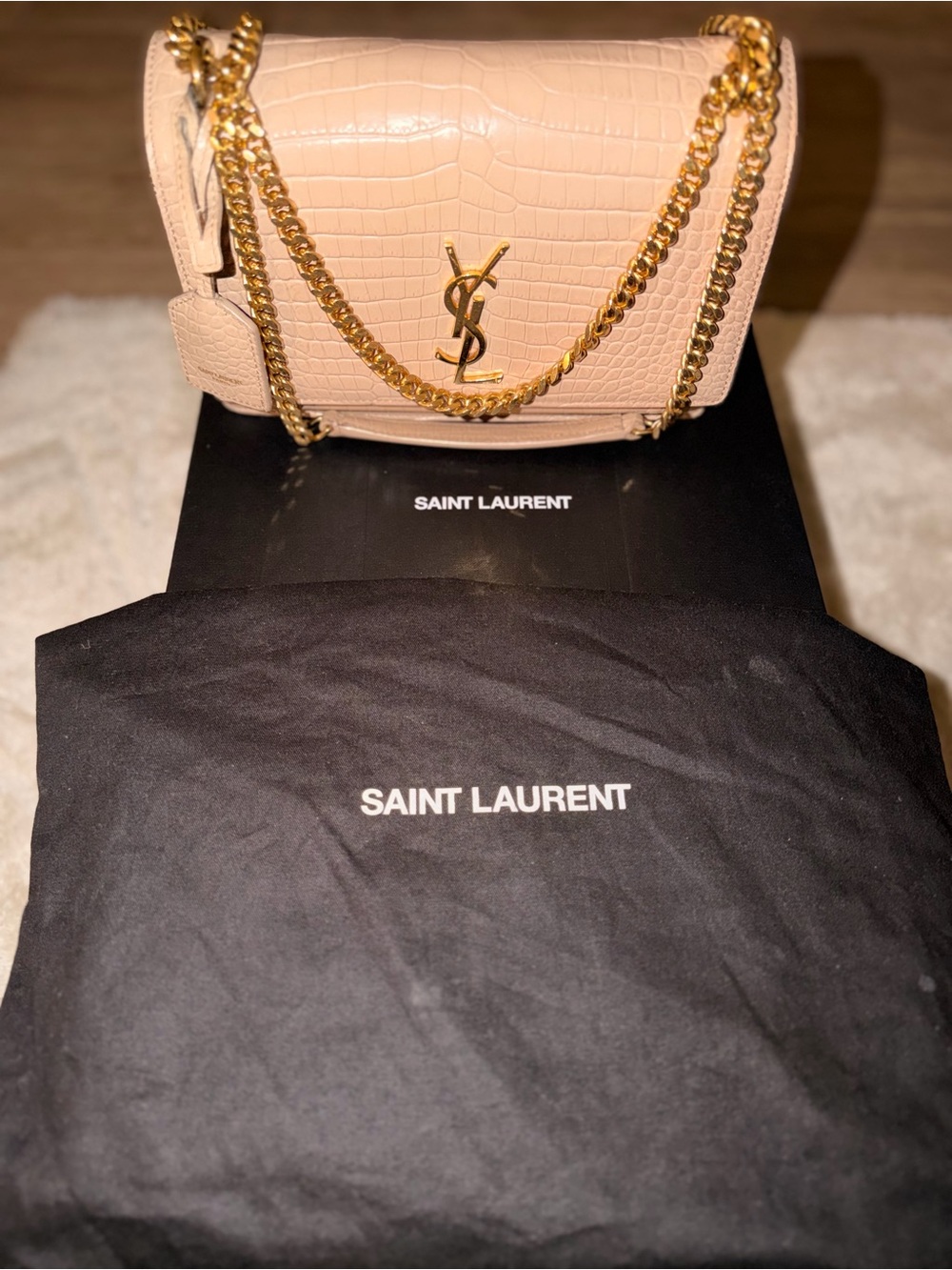 Saint Laurent Sunset Croc-Embossed Leather Chain Shoulder Bag